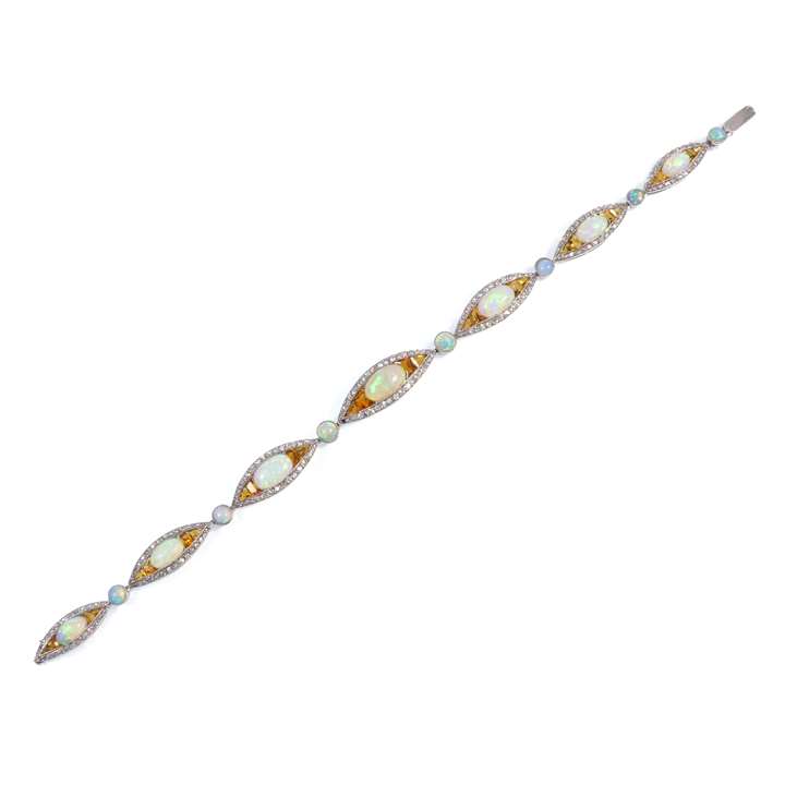 Opal, citrine and diamond set bracelet,  with graduated navette clusters